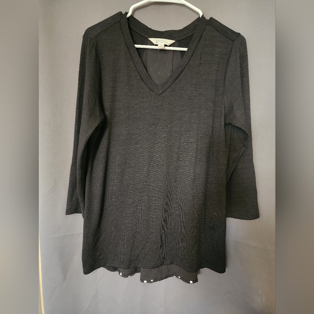 Market and Spruce Haileah Top, Women's Medium Black Top with Silver Polka-dots